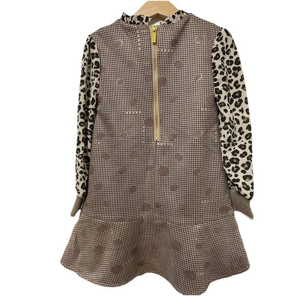 IMOGA Oscar Style Dress Beige & Gold Polka Dot Tiger Print Sleeves Size 4 - Picture 4 of 6